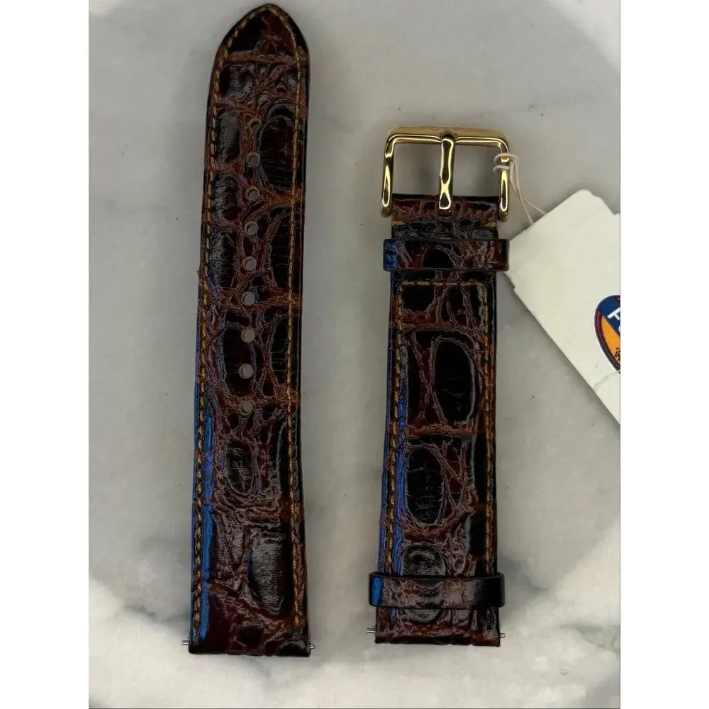 NWT Fossil Men's Alligator Brown Leather Watch Band Padded with Gold Buckle